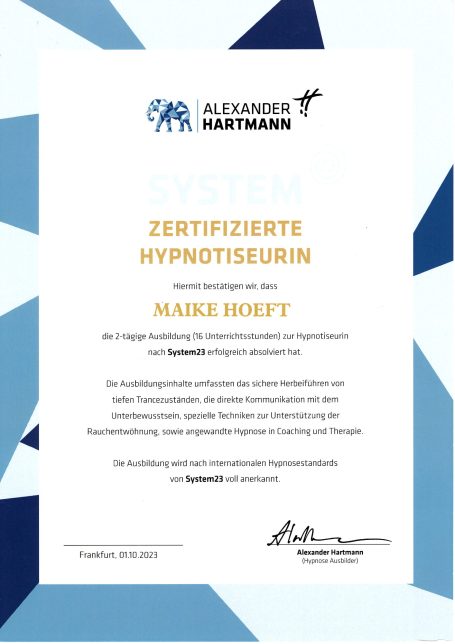 Zertifizierte Hypnotiseurin